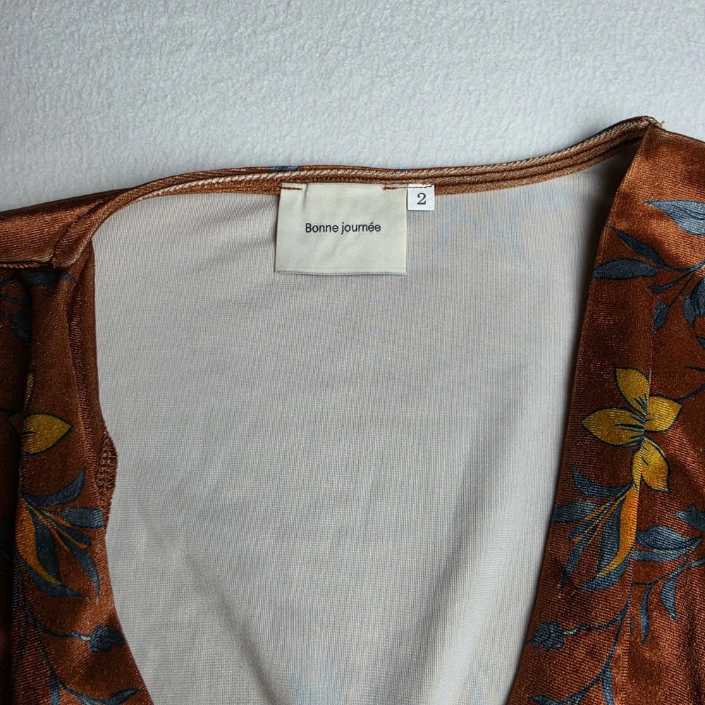 Bonne Journee Rust Velvet Floral Maxi Dress Boho Bell Sleeve V-Neck Size 2 M / L - Picture 3 of 9